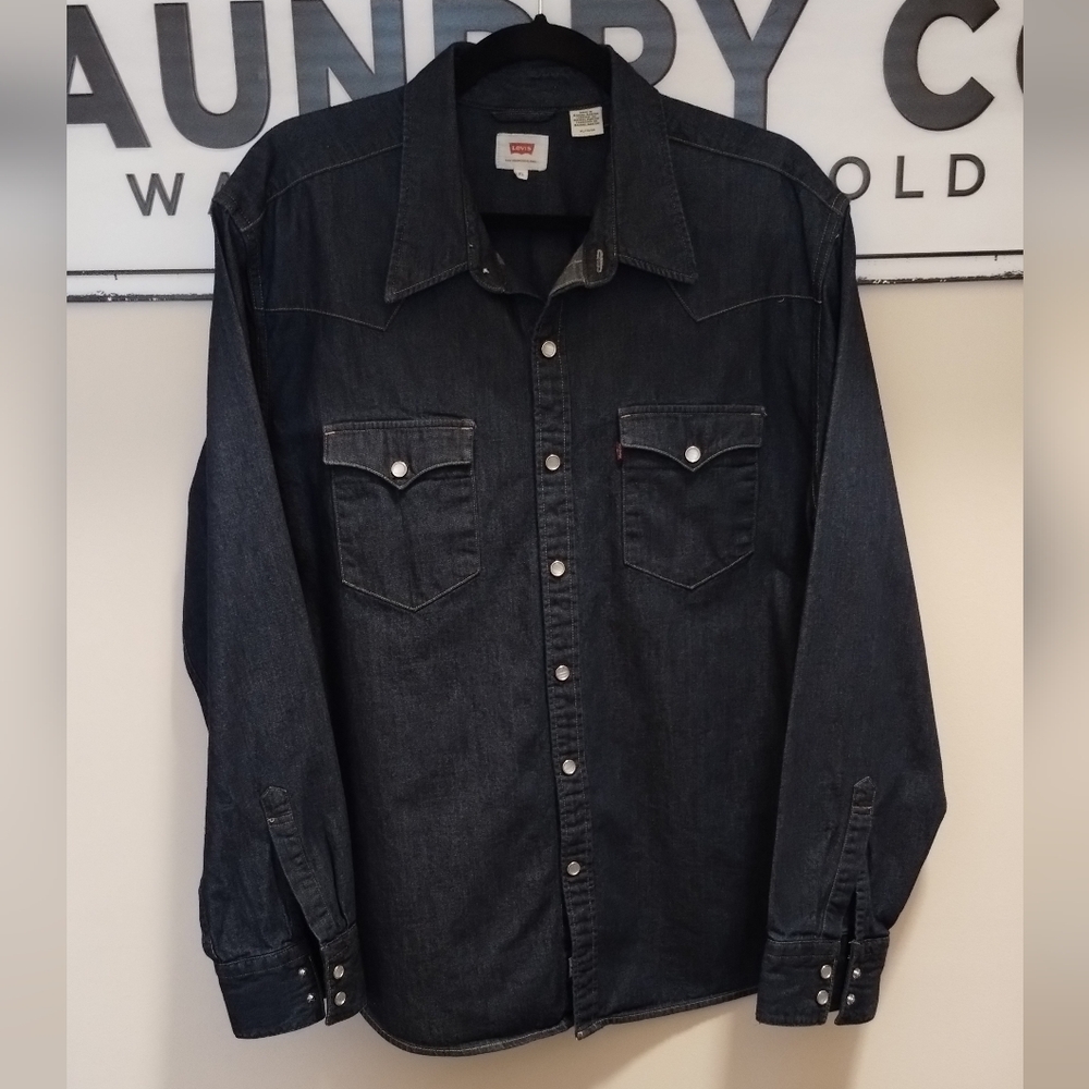 Mens Levi's Denim Western Snap Button Dark Blue Shirt XL